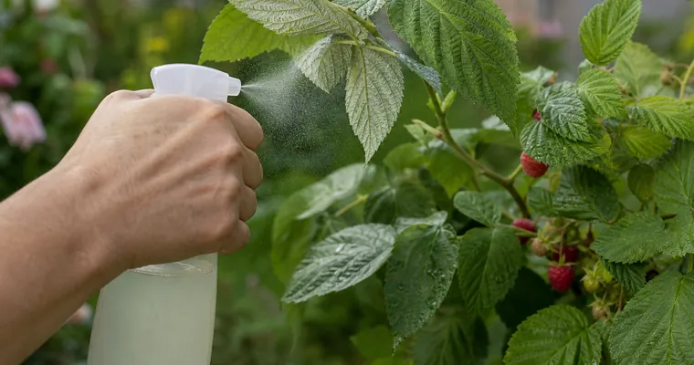Opryskiwanie spodu liści maliny domowym naturalnym wywarem