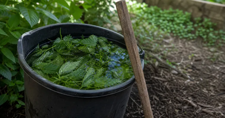 Wiadro z liśćmi pokrzywy przygotowywane na naturalny oprysk