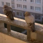 Gołębie siedzące na balustradzie balkonu wczesnym rankiem