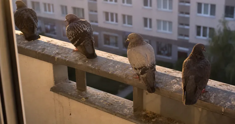 Gołębie siedzące na balustradzie balkonu wczesnym rankiem