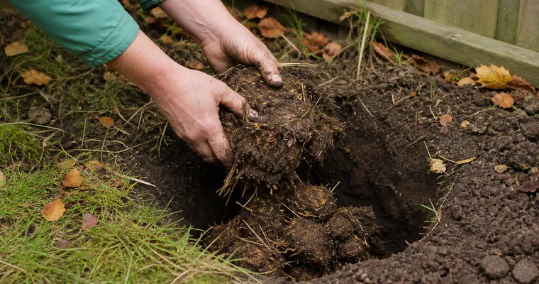 Jesienna pułapka z obornika zakopywana na skraju trawnika