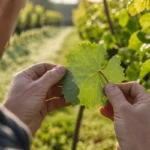 Dłonie odwracają liść winorośli, by sprawdzić jego spodnią stronę
