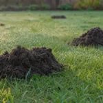 Świeże kretowiska na porannym trawniku przydomowego ogrodu