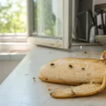 Muchy siadające na dojrzałym owocu na kuchennym blacie