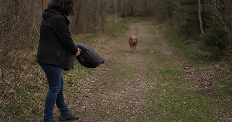 Osoba stojąca bokiem na leśnej ścieżce w obliczu zbliżającego się psa