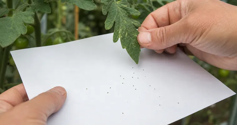 Dłonie sprawdzają liść pomidora nad kartką papieru