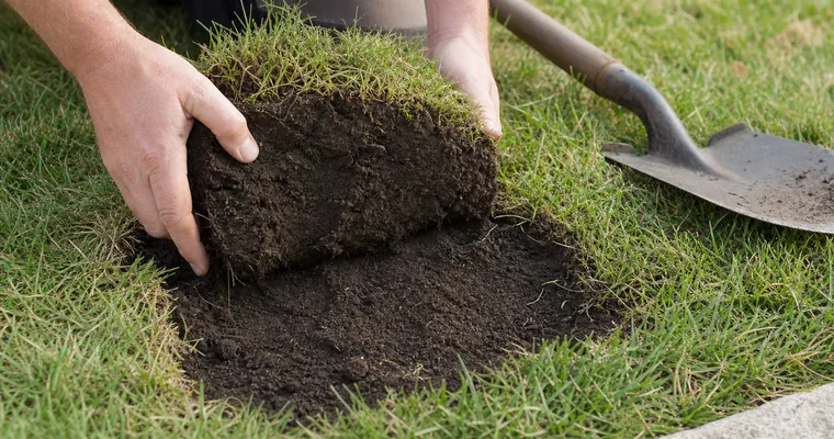 Dłonie unoszące wycięty kawałek darni podczas testu przekopu trawnika