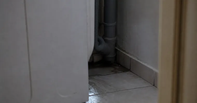 Zacieniony kąt za pralką z wilgotną podłogą i rurami