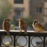 Wróble siedzące na balustradzie balkonu we wczesnych godzinach porannych