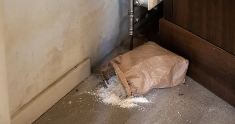Zawilgocony kącik za szafką kuchenną z rozsypaną mąką przy grzejniku