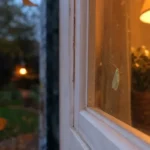 Oświetlone okno o zmroku jesienią z owadem siedzącym na szybie